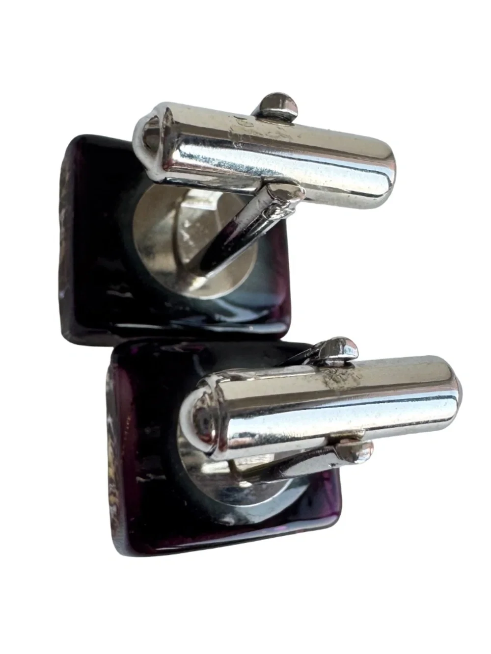 Vintage Purple Art Glass Cufflinks Gold Silver Foil Chunky Square Modernist Gift